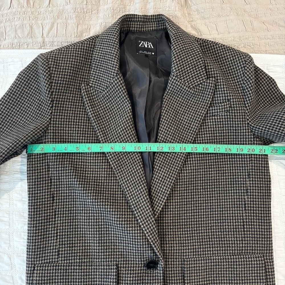 Zara Houndstooth Shoulder-pad Brown Blazer, Wool Blend, Size L, Classic Career - Picture 10 of 12
